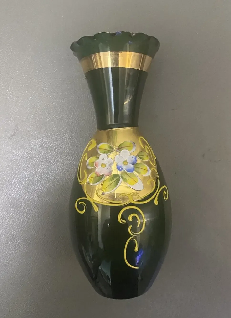 Vintage Green Glass Bohemian Hand Painted 6”T x 2.5